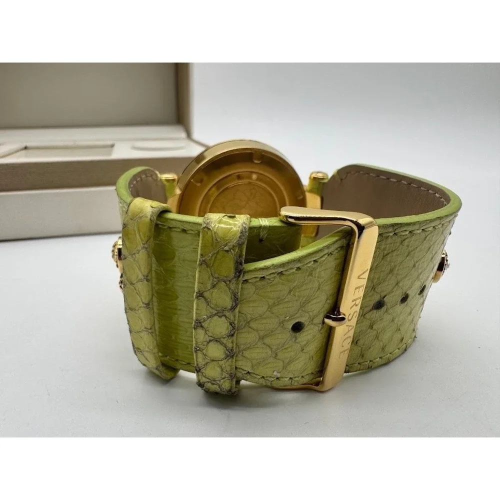 Versace GMT & Alarm Gold Tone Watch Lime Green Leather Strap Medusa Swiss Made